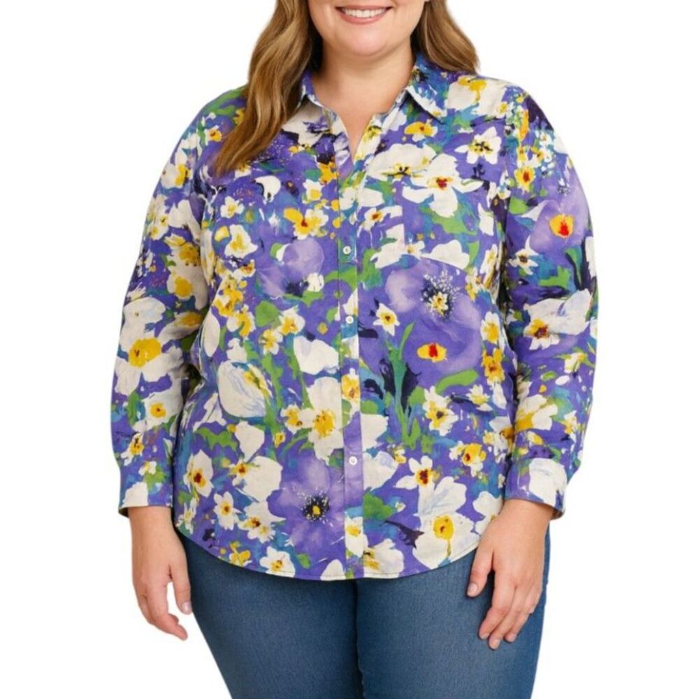 Sera Nade Women’s Watercolor Floral Button-Up Blouse | Size Large